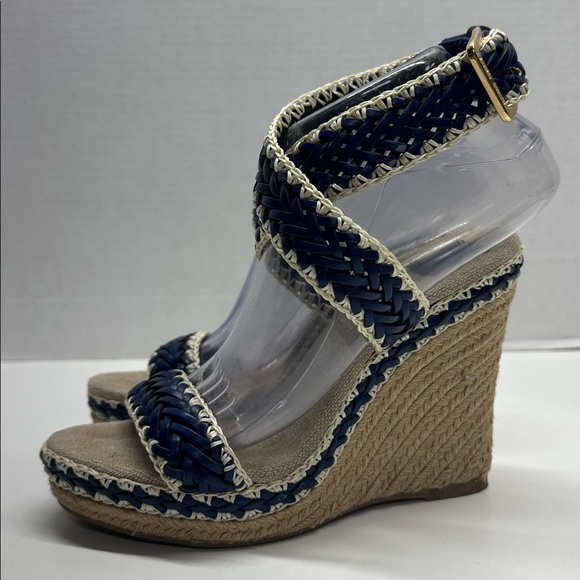Tory Burch Lilah Wedges Espadrille Sandals High Heel Shoes Brown Navy Blue 8 - Picture 4 of 12